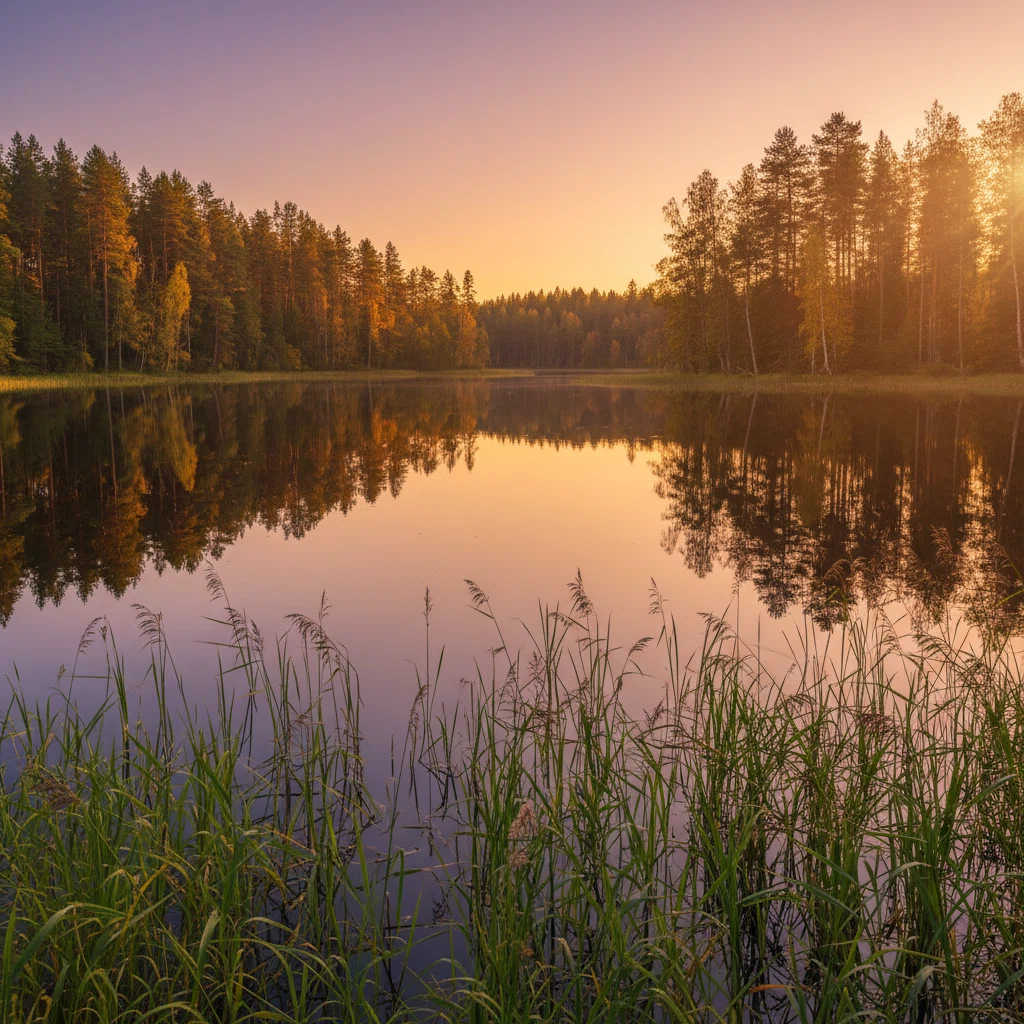 Suomalainen metsäjärvi kultaisessa auringonlaskussa